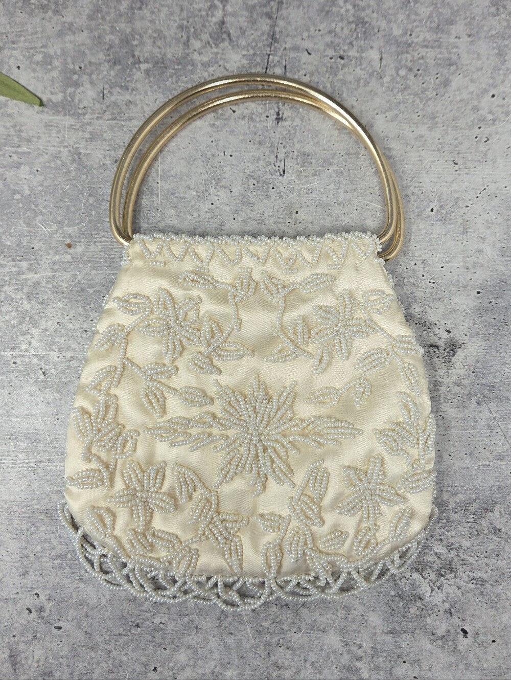 Vintage Ernest Ivory Beaded Gold Handle Handbag Evening Bag